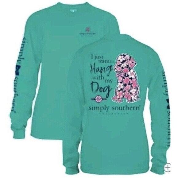 Simply Southern "Hang with my Dog" Sea Glass Green Long Sleeve Tee Small Floral - Picture 1 of 10